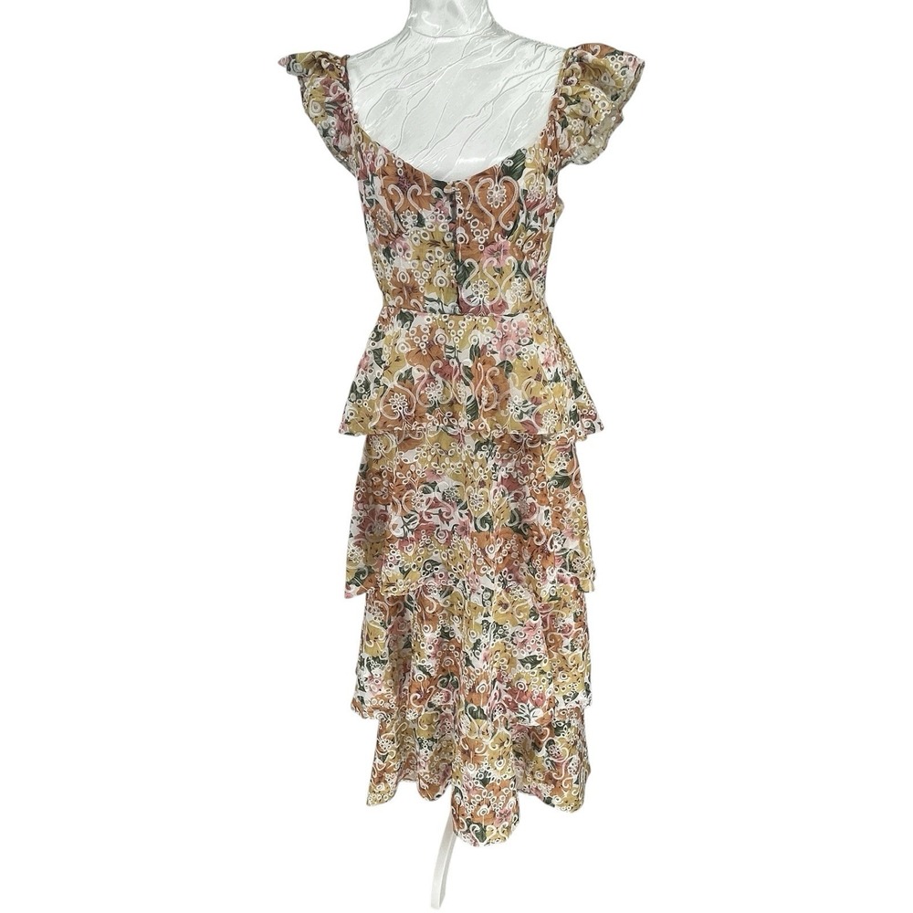 En Saison Sz S Floral Tiered Midi Dress Small Boho Ruffle Strap Cottage Romantic